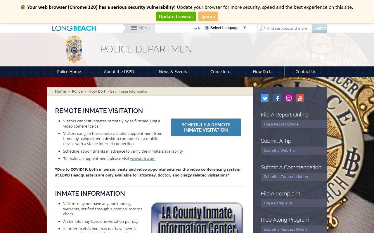 Long Beach police department inmate information page for booking reports