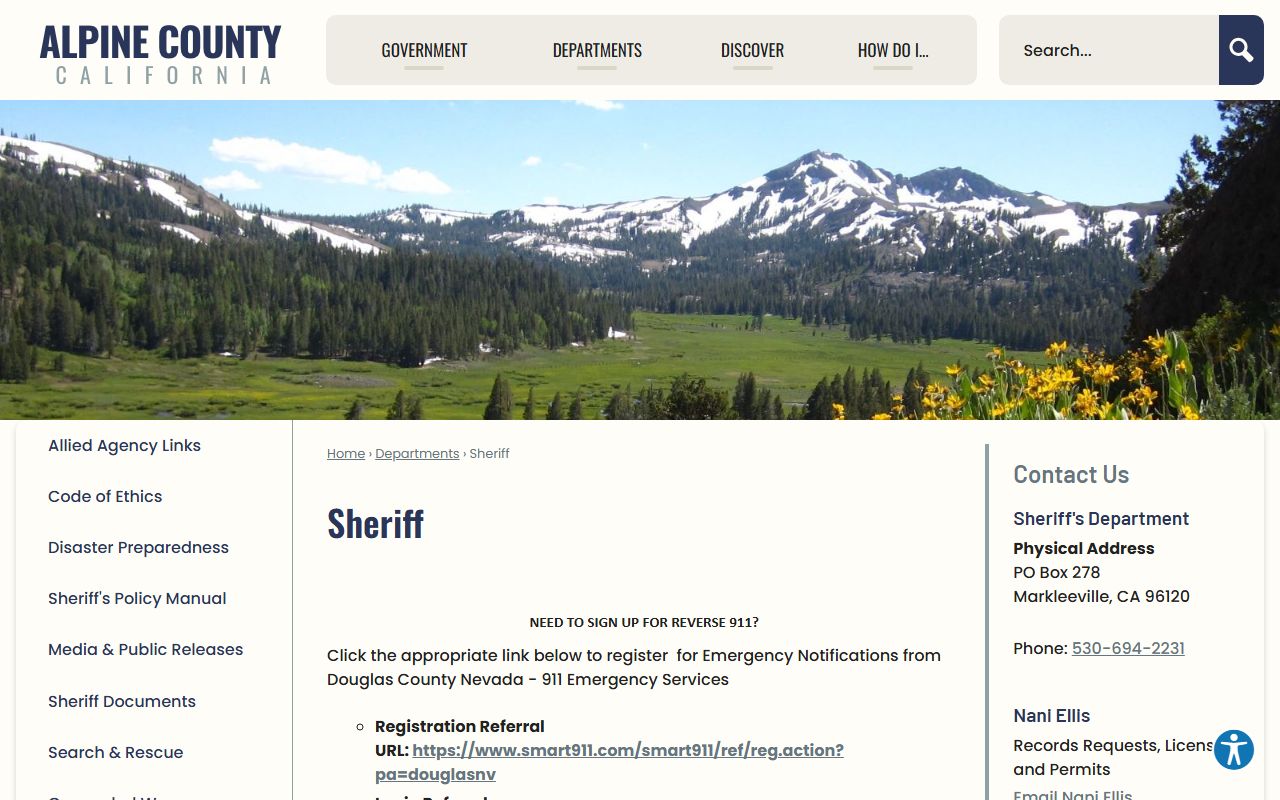 Alpine County Sheriff's Office page for booking reports and arrest information