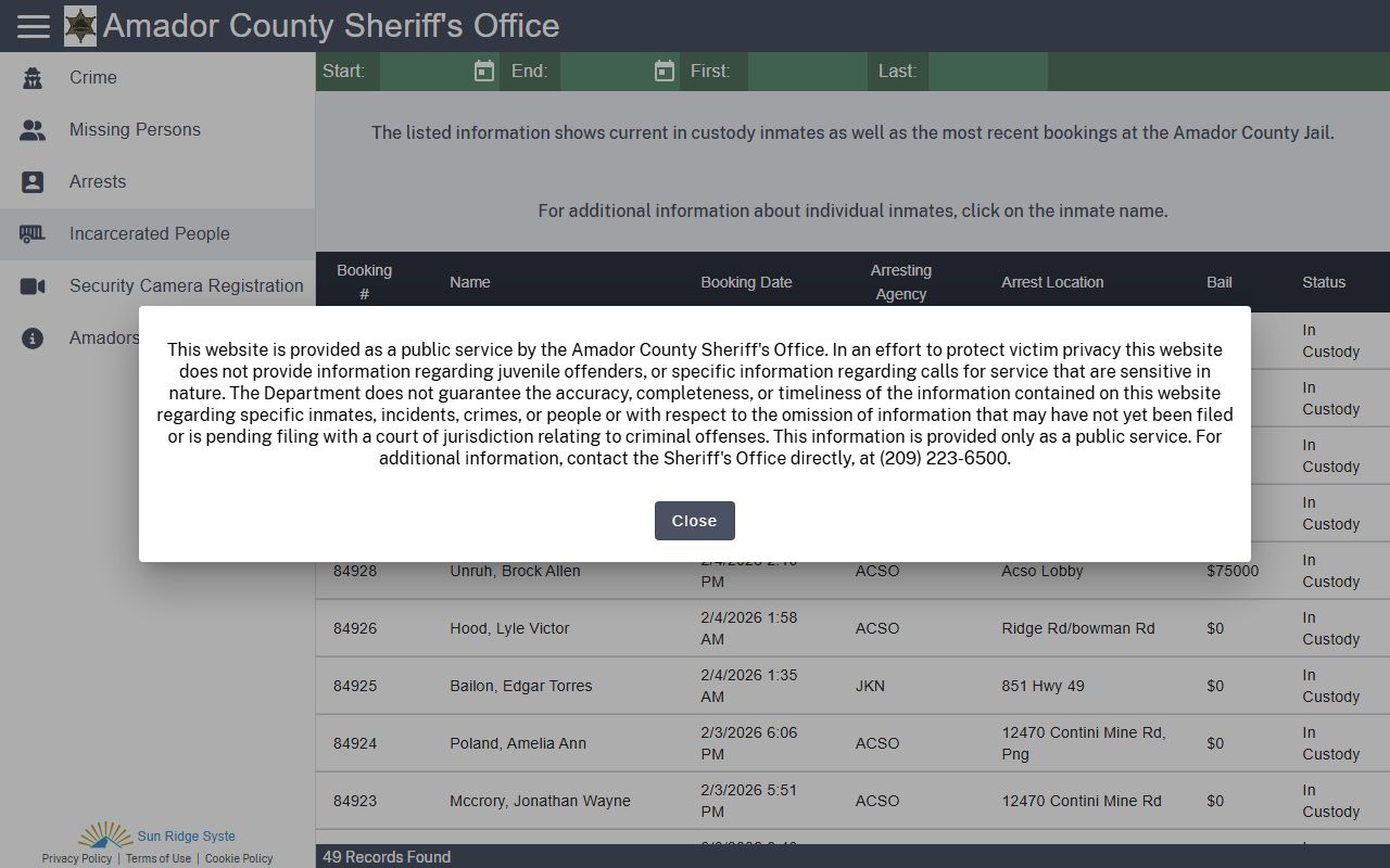 Amador County CitizenRIMS inmate search for booking reports
