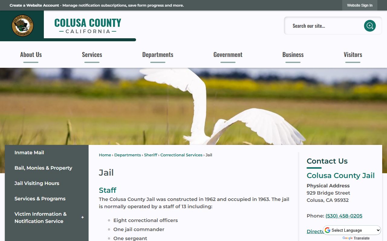 Colusa County jail information page for booking reports