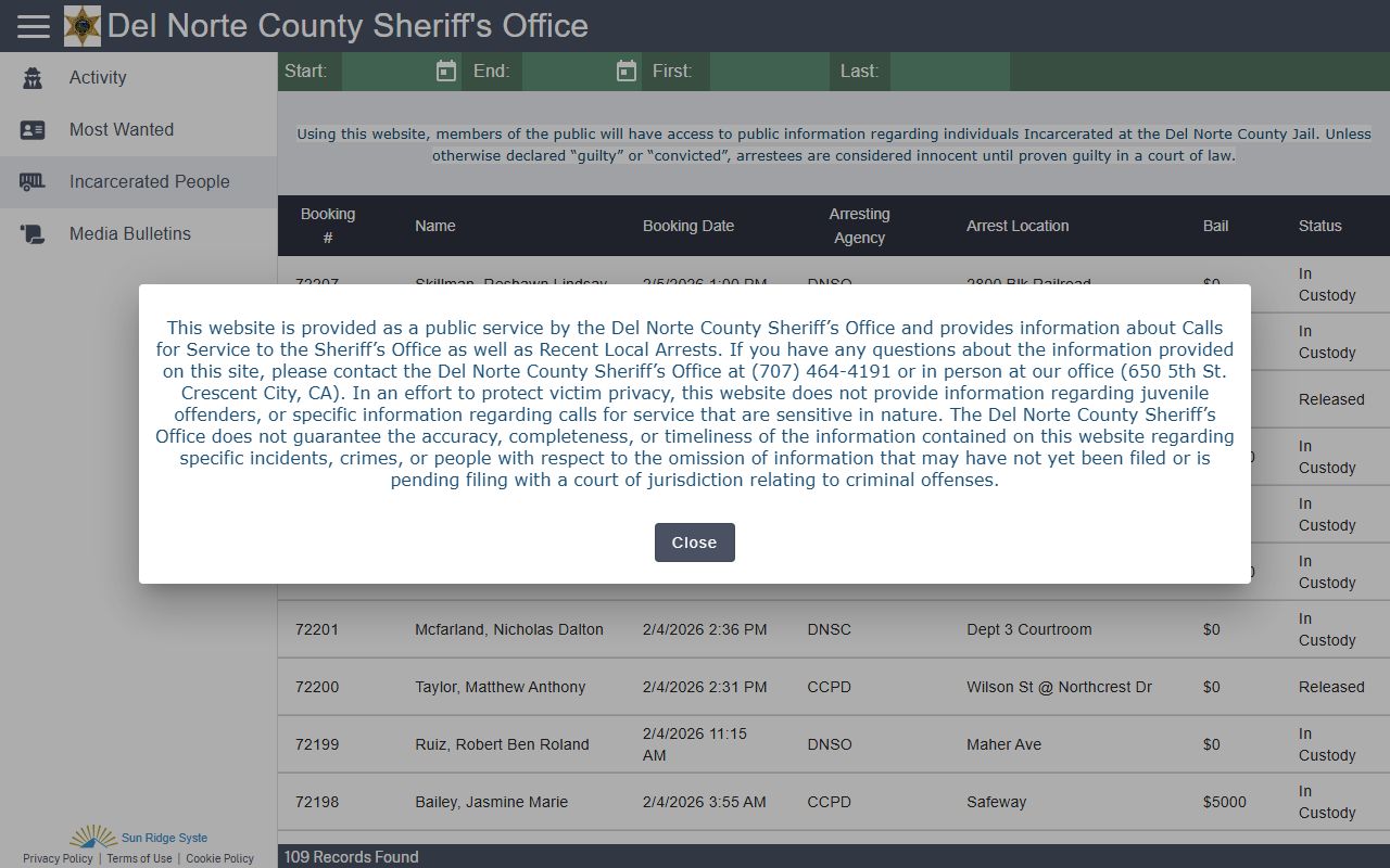 Del Norte County CitizenRIMS portal for booking reports
