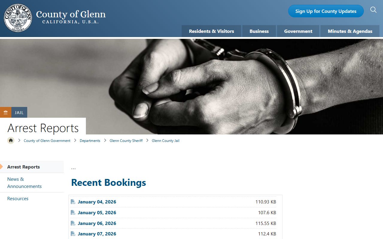 Glenn County arrest reports page for booking reports