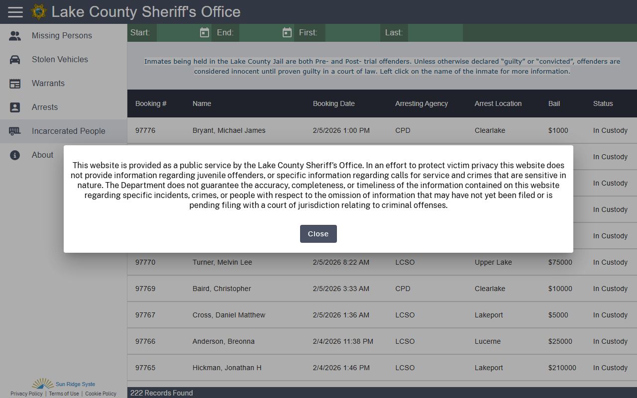 Lake County CitizenRIMS portal for searching booking reports