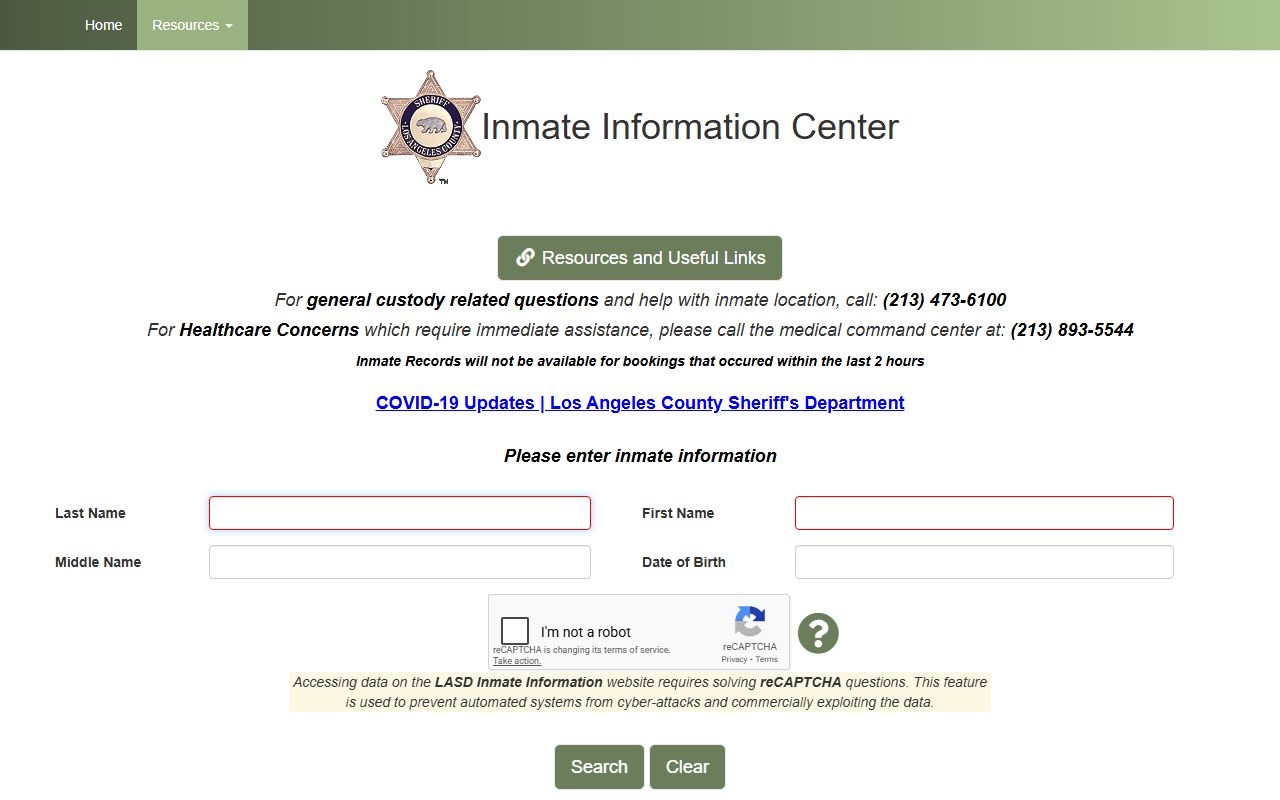Los Angeles County inmate information center for booking reports
