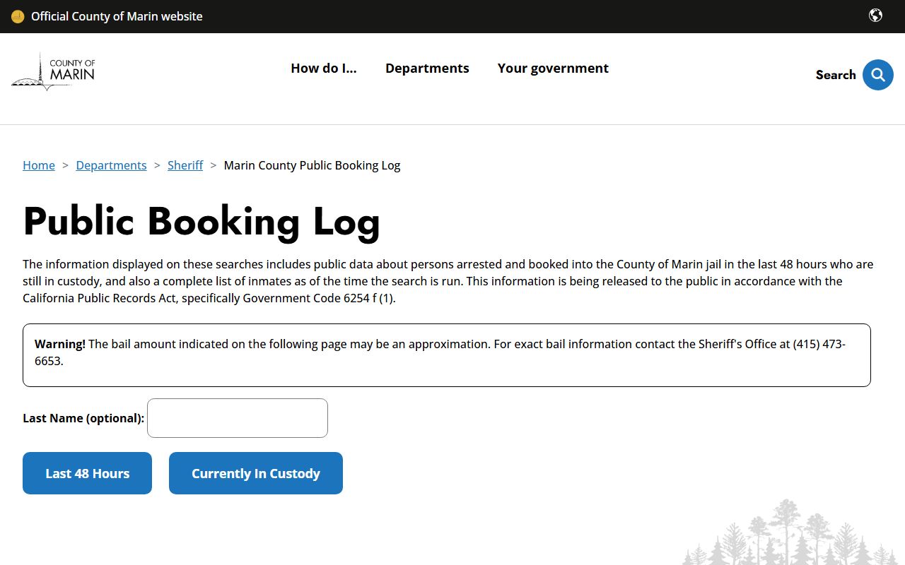 Marin County booking log for public booking reports