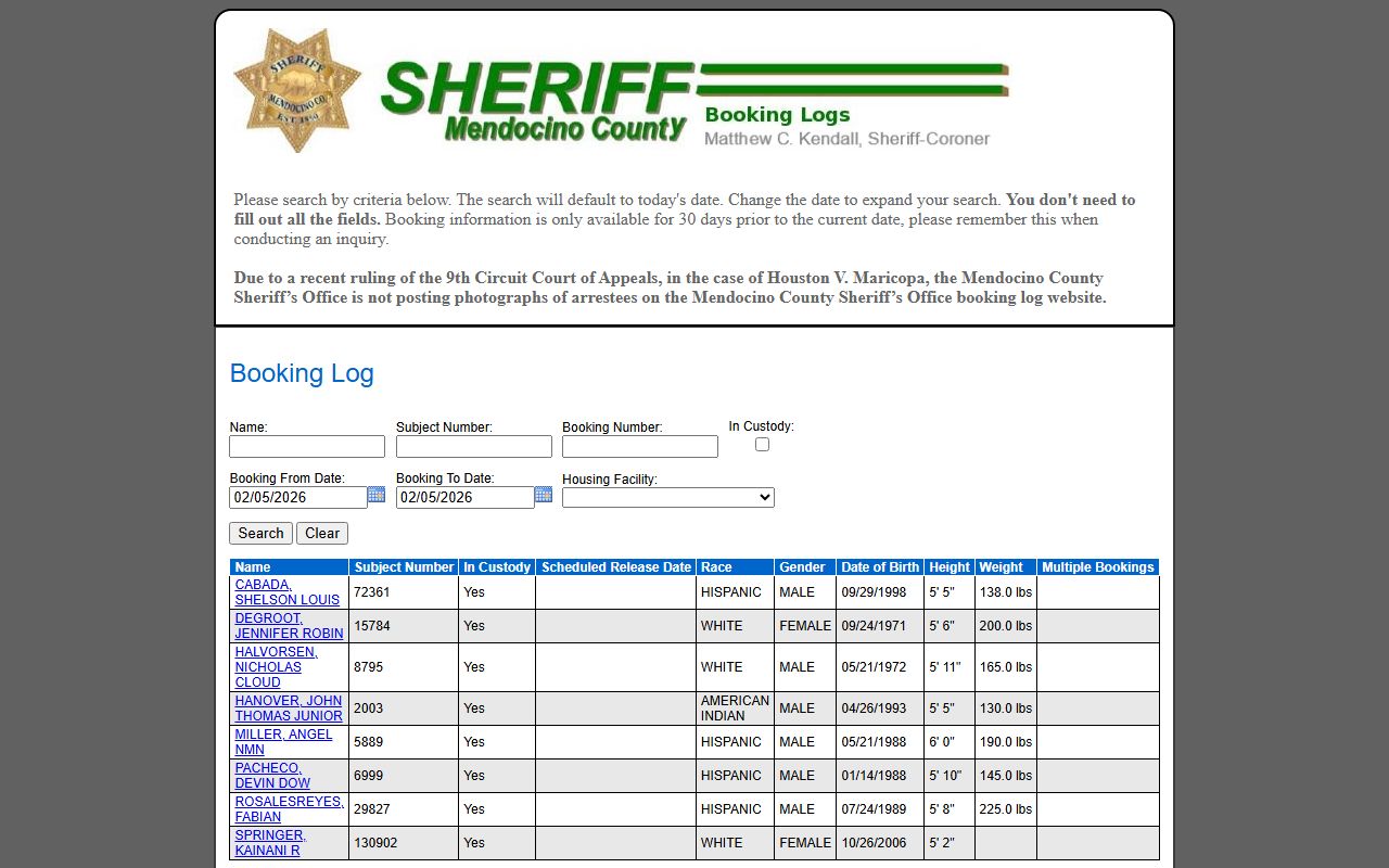 Mendocino County inmate inquiry system for booking reports