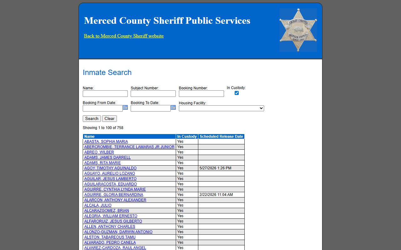 Merced County inmate inquiry system for booking reports