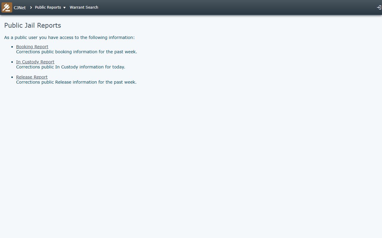 Napa County CJNet portal for booking reports