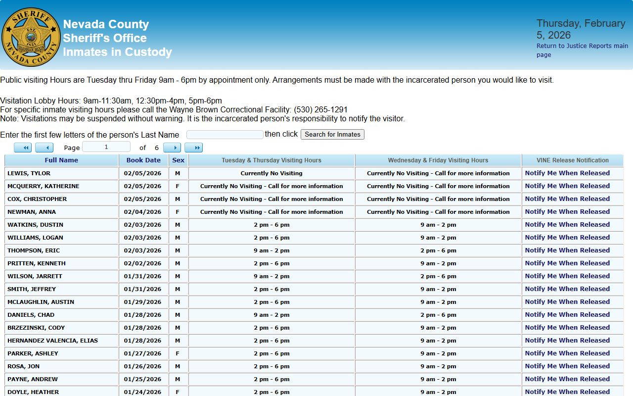 Nevada County in custody inmate list for booking reports