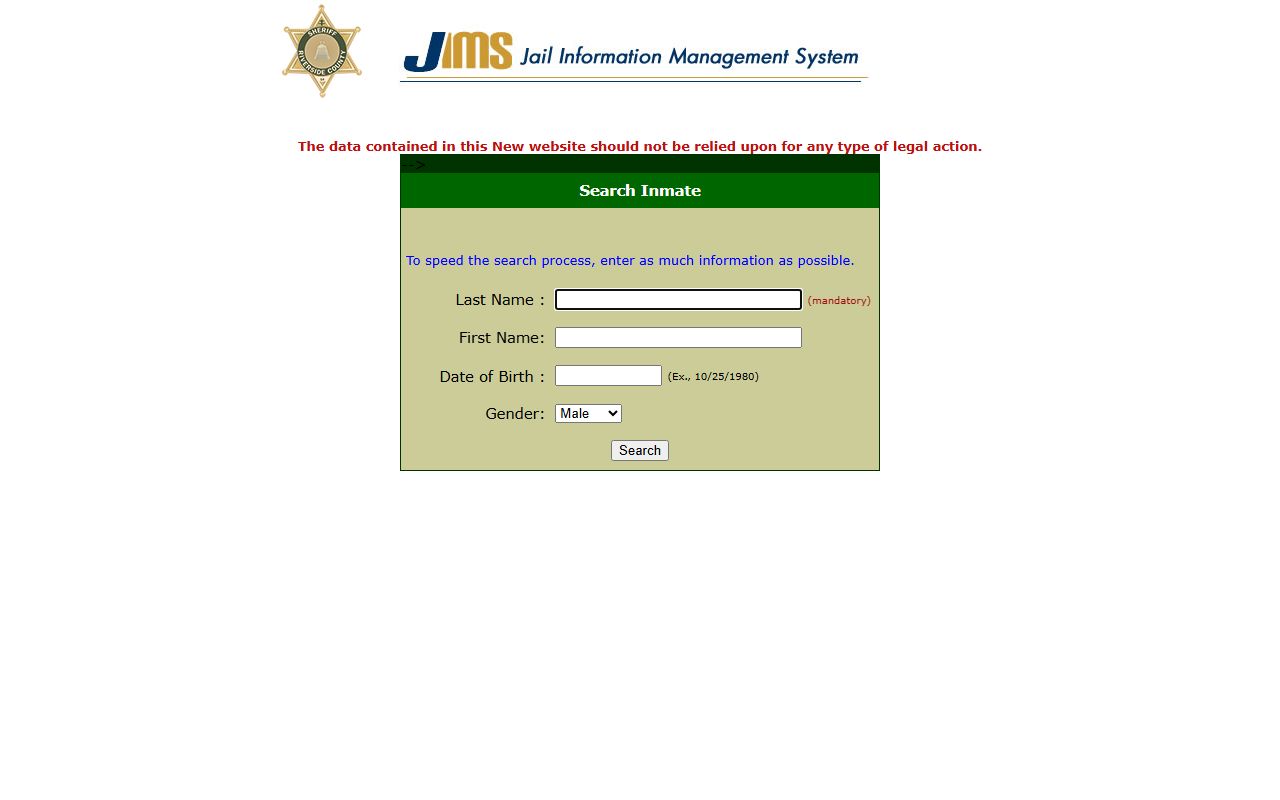 Riverside County inmate information system for booking reports