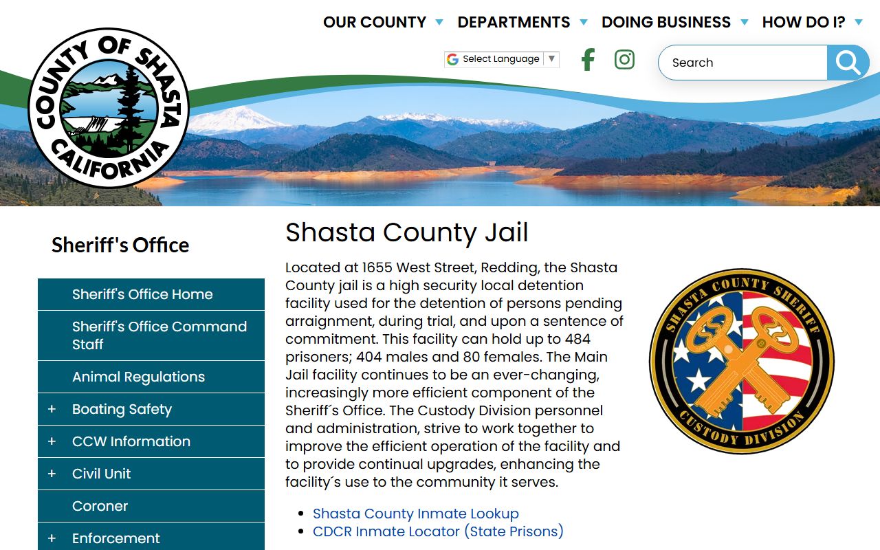Shasta County jail information page for booking reports