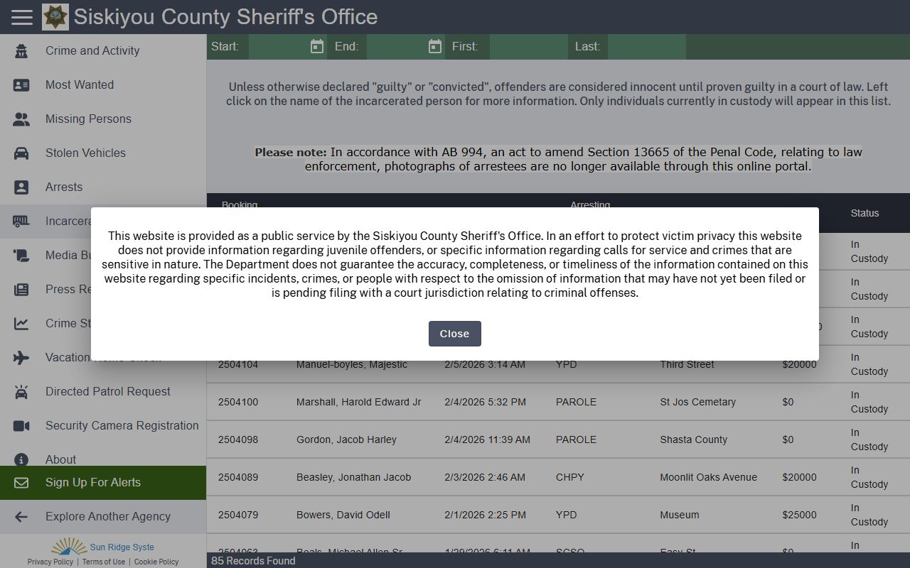 Siskiyou County CitizenRIMS portal for booking reports search