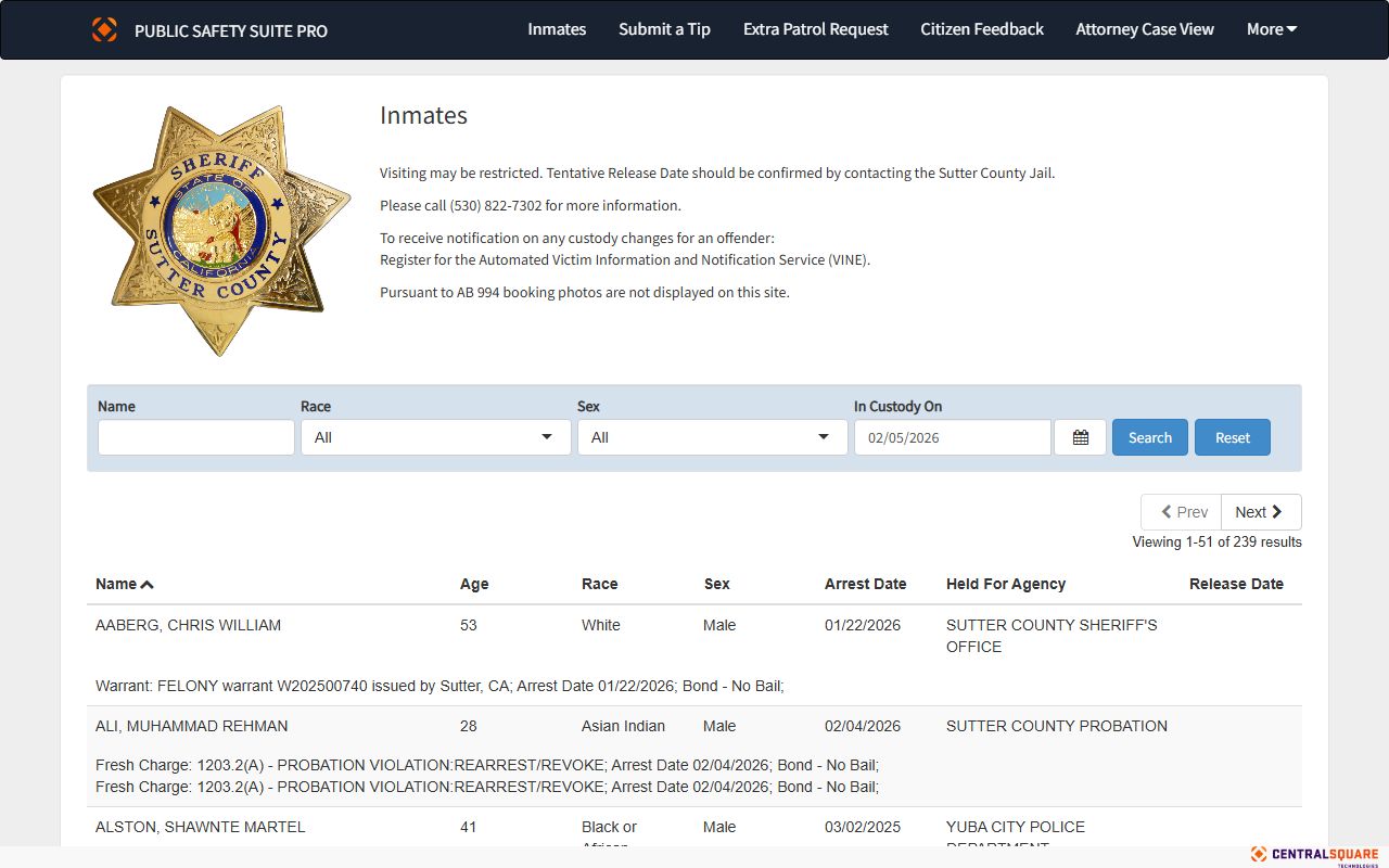 Sutter County inmate search portal for booking reports