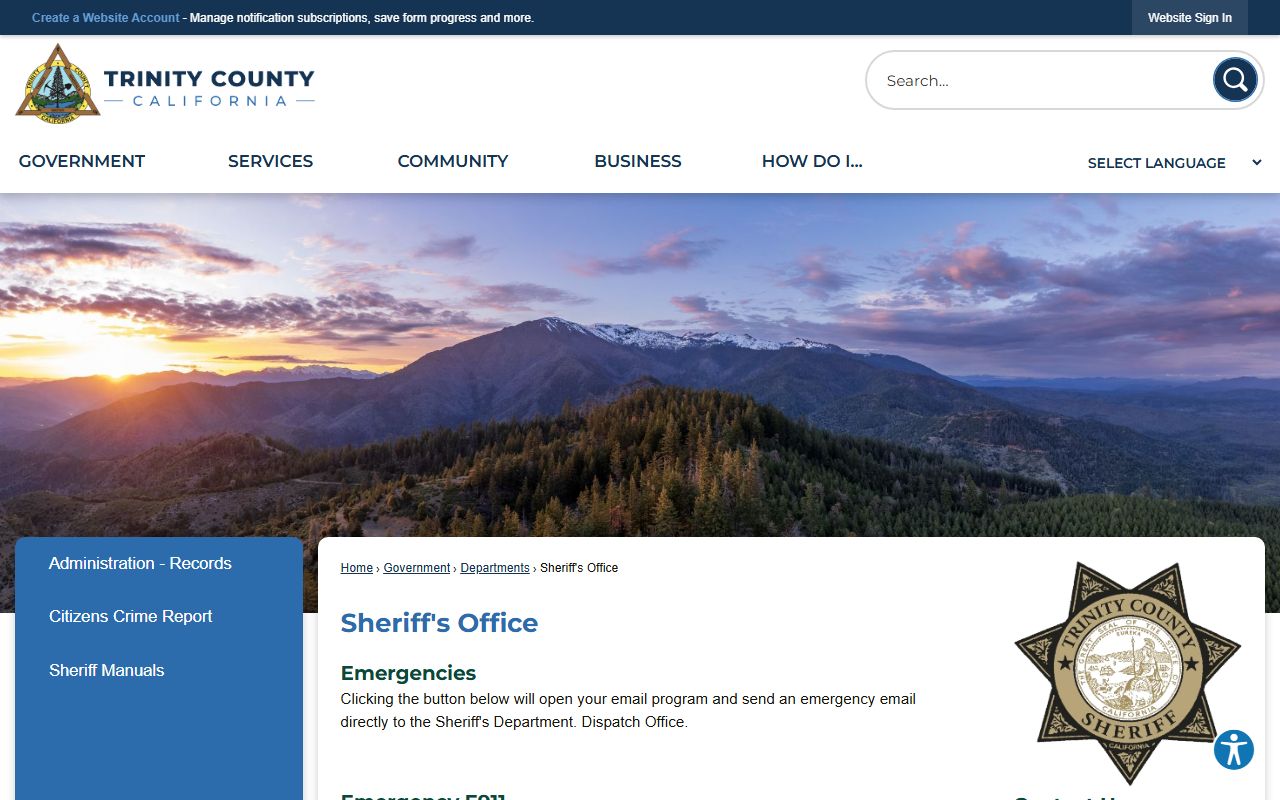 Trinity County Sheriff's Office page for booking report information
