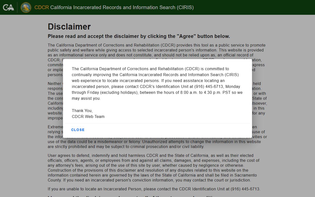 California CIRIS inmate search database for booking reports