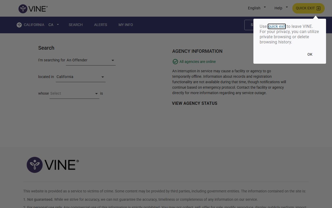 California VINE victim notification system for booking reports