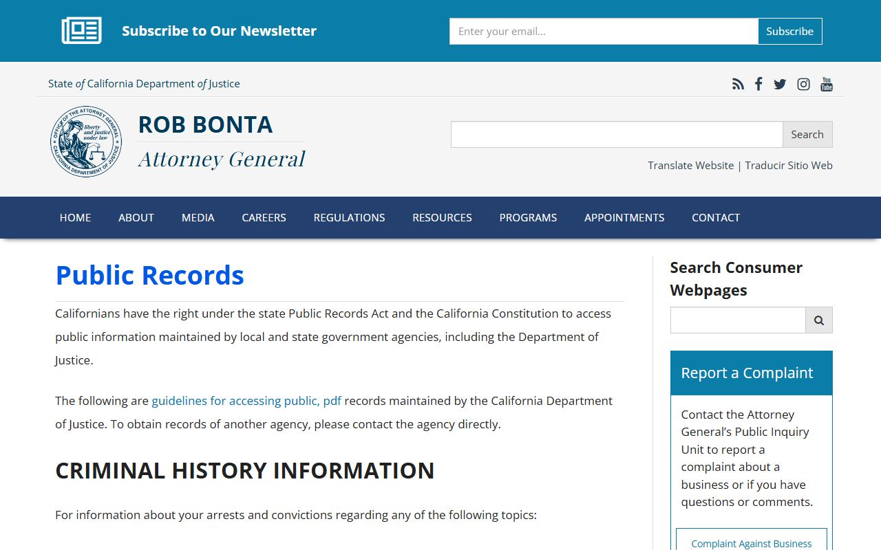 California DOJ public records page for accessing booking reports